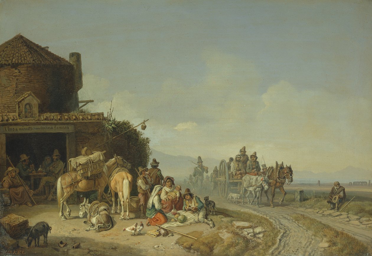 Rejsende før en Roadside Inn af Heinrich Burkel