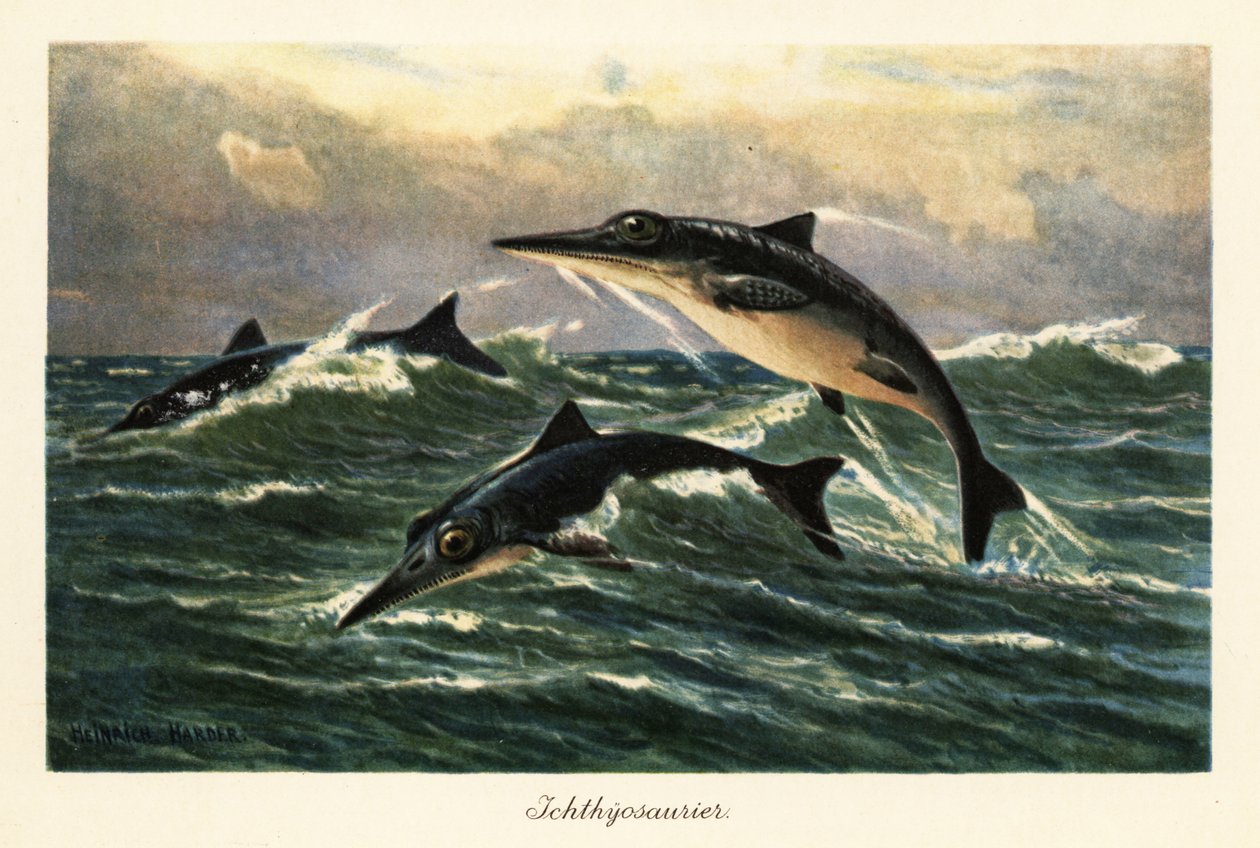 Uddøde ichthyosaurer hopper over havet. af Heinrich Harder