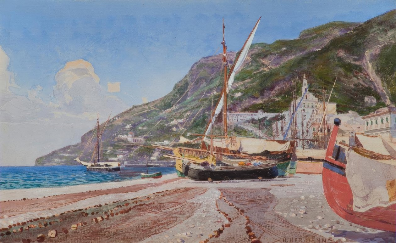 Amalfi, fiskerbåde på stranden / akvarel af H.Hermanns af Heinrich Hermanns