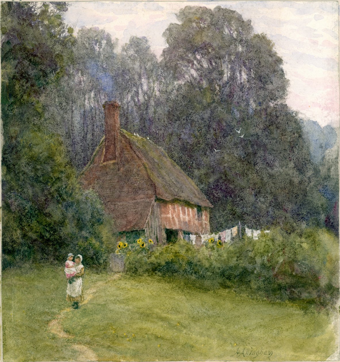 Sommerhus med figurer (bc og wc på papir) af Helen Allingham