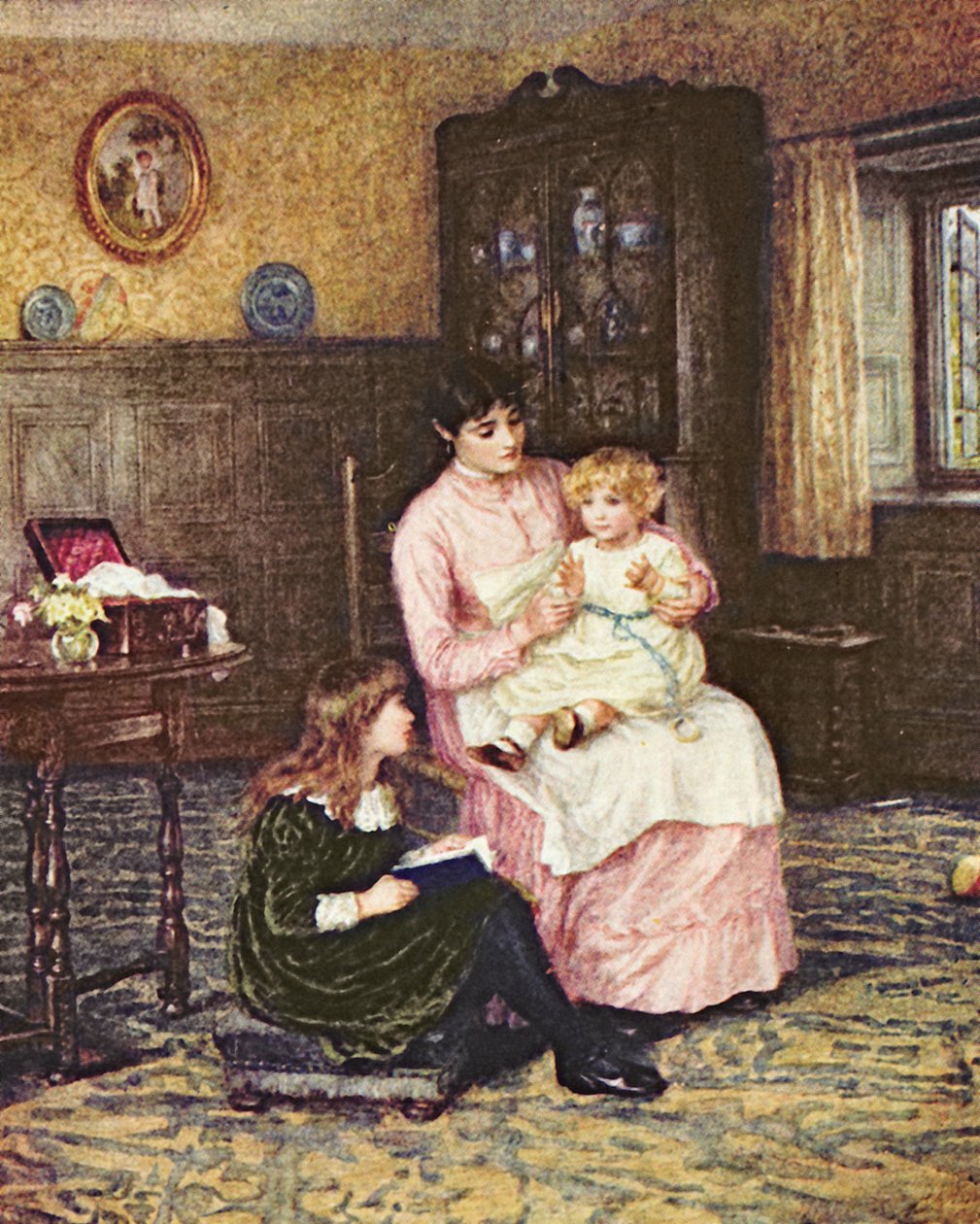 Mor leger med børn i et interiør af Helen Allingham