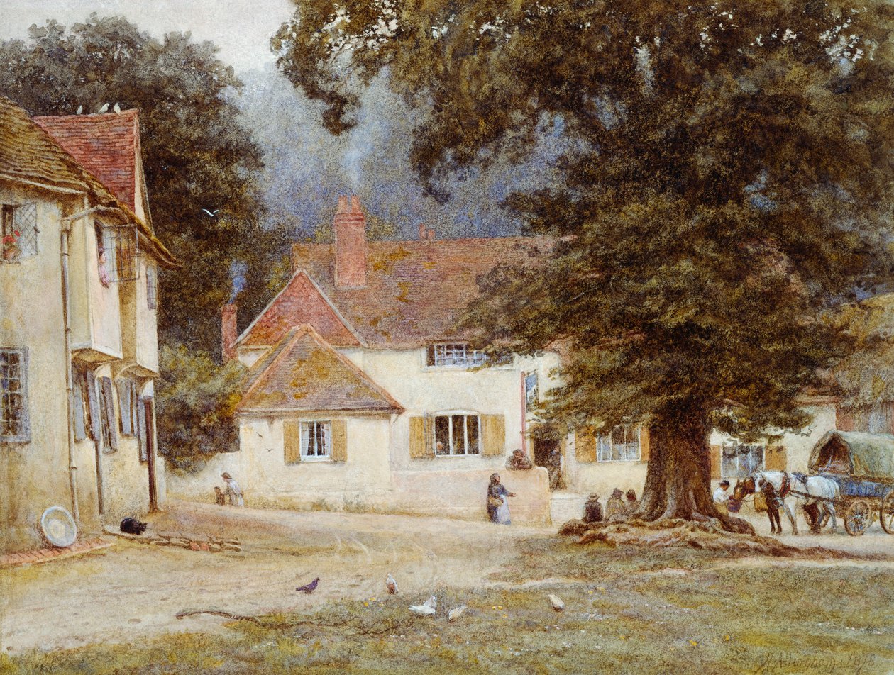 En vogn ved en landsbykro af Helen Allingham