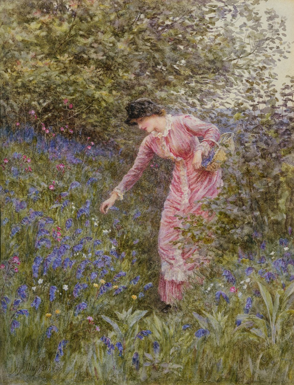 Gathering Bluebells (wc med kropsfarve på papir) af Helen Allingham