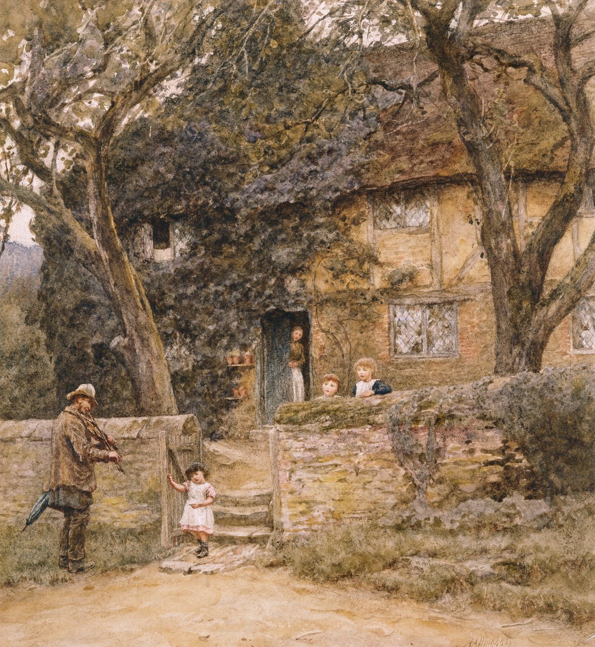 Spillemanden (akvarel med udskrabning) af Helen Allingham