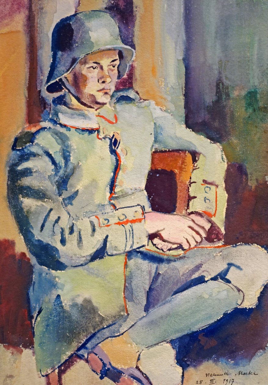 Selvportræt med stålhjelm af Helmuth Macke