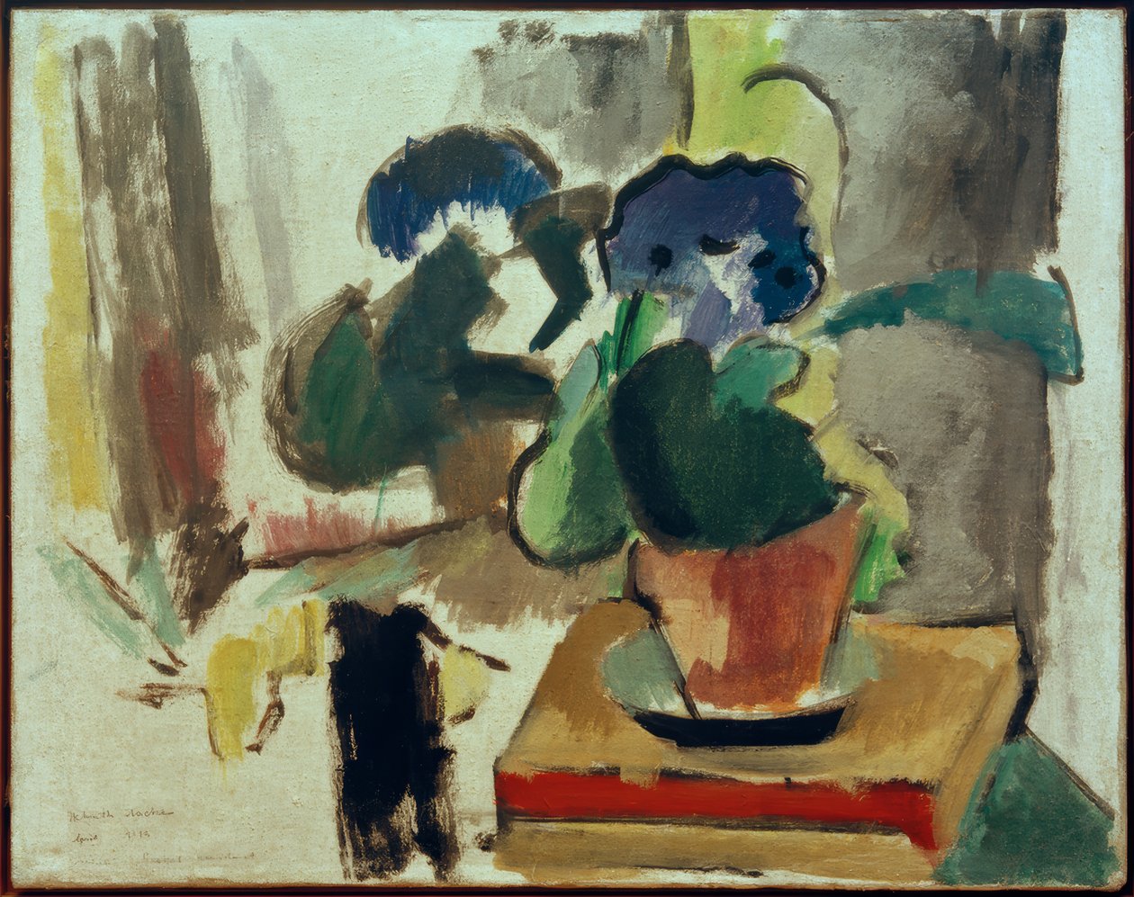 Stilleben med tin aria og bog af Helmuth Macke
