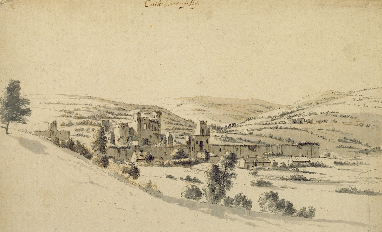 Caerphilly Castle (pen, blæk og vask på papir) af Hendrick Danckerts