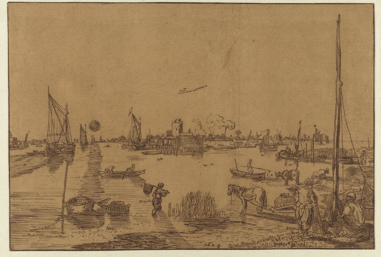 Aftenlandskab med fiskere af Hendrick Avercamp (possibly)