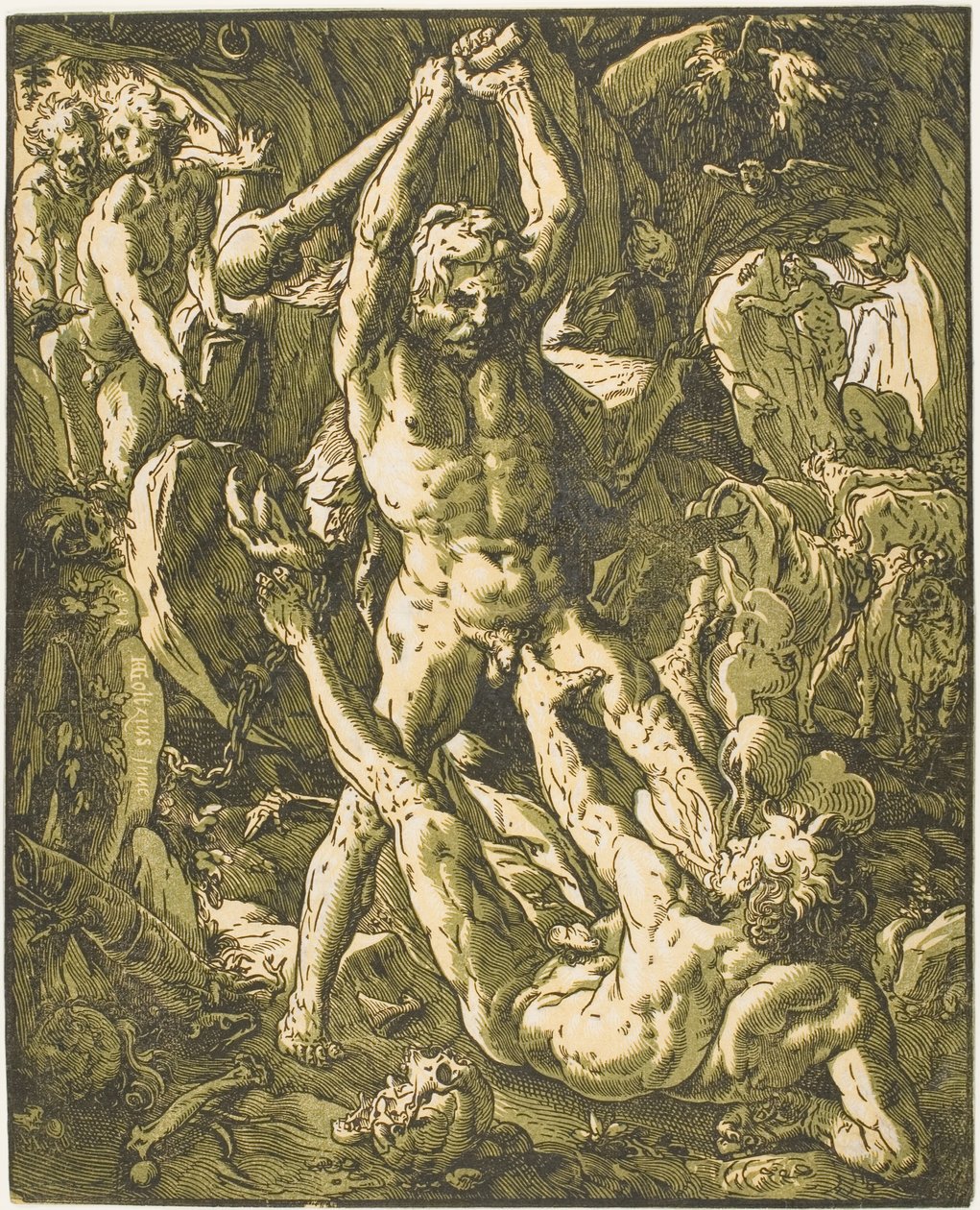 Hercules dræber Cacus af Hendrick Goltzius
