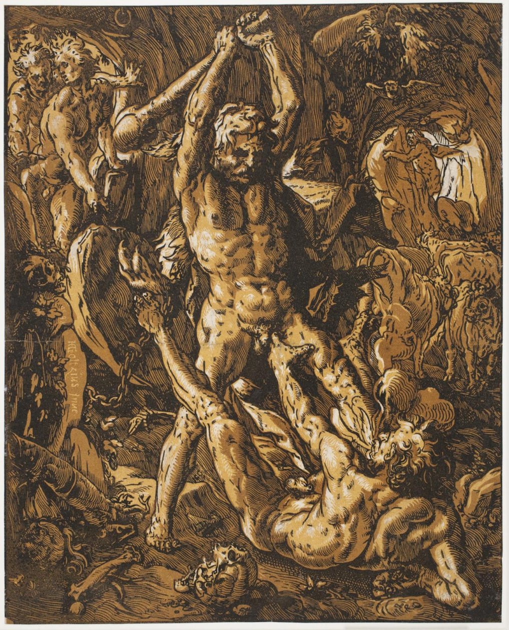 Hercules dræber Cacus af Hendrick Goltzius