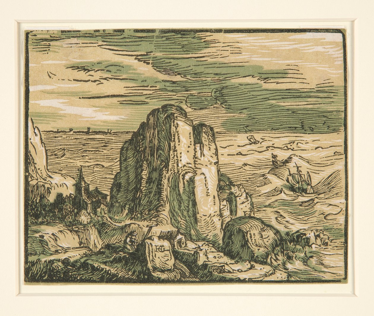 Landskab med klippe ved kysten af Hendrick Goltzius