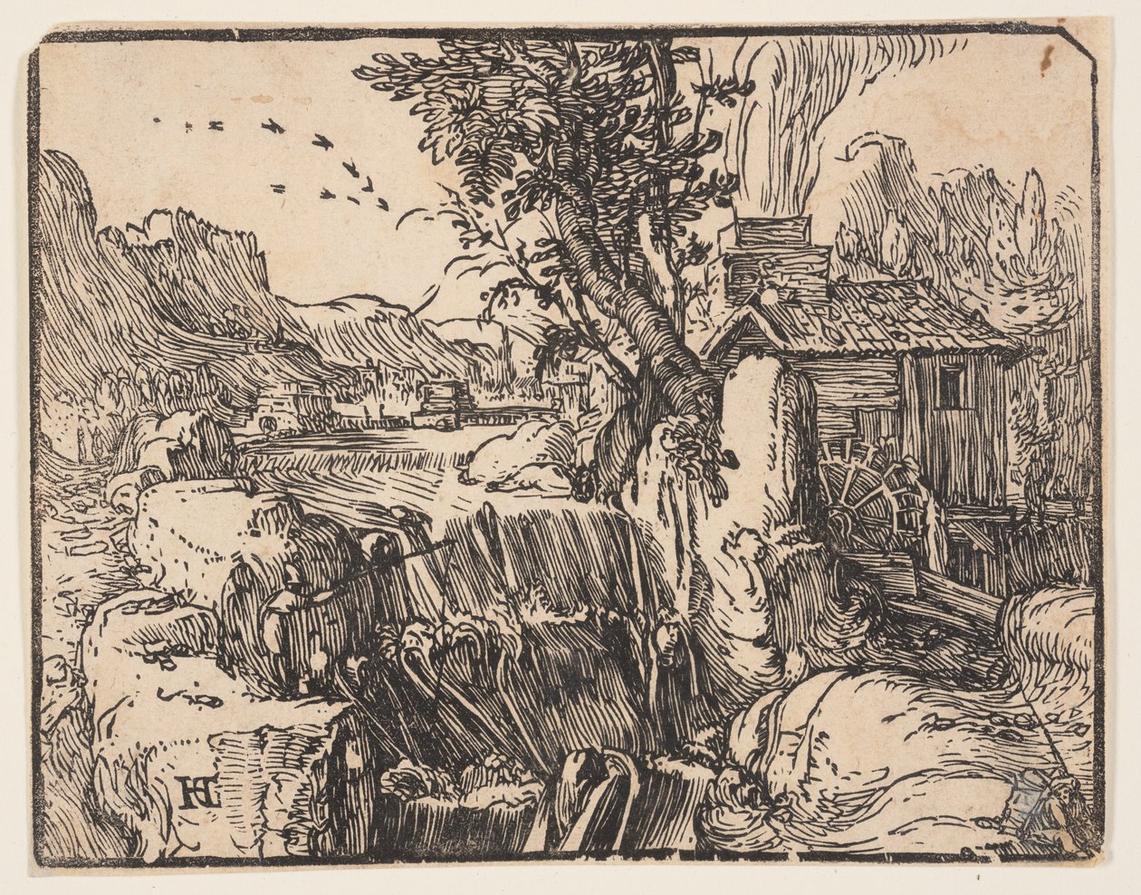 Landskab med vandfald af Hendrick Goltzius