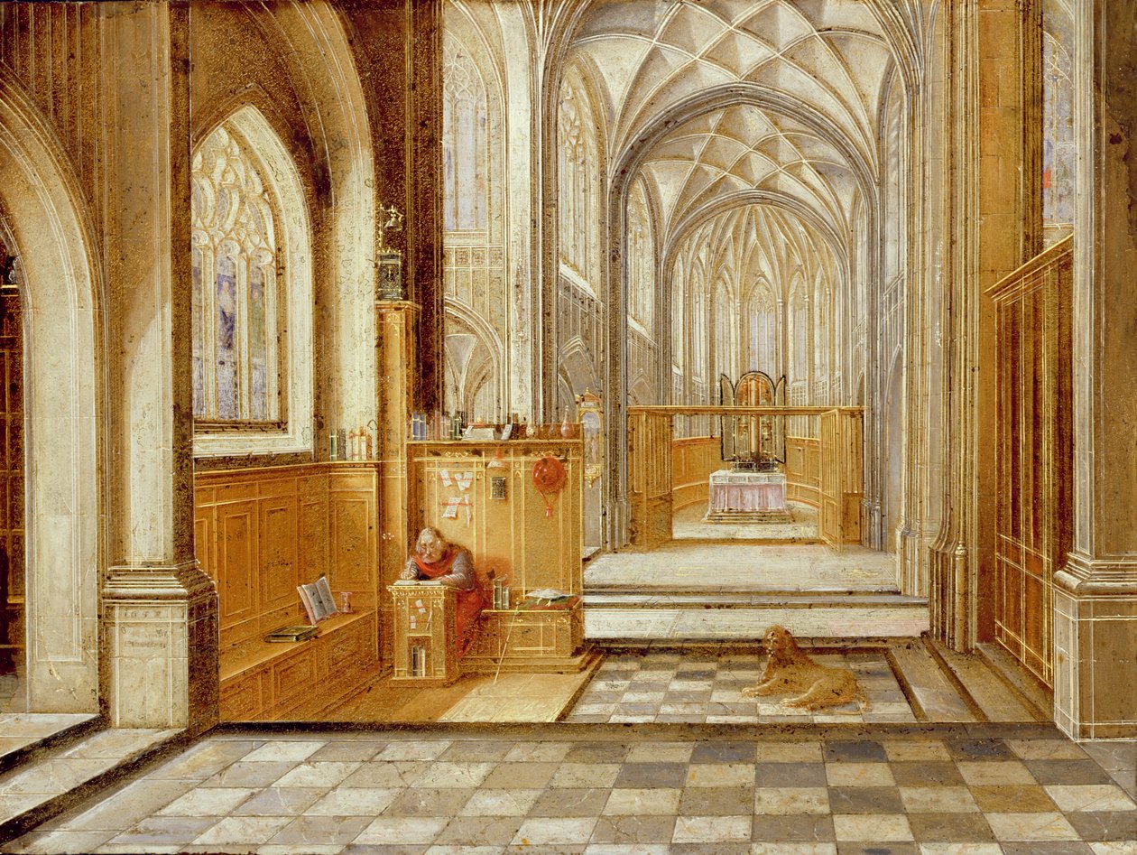 Sankt Hieronymus i en gotisk kirke (olie på kobber) af Hendrik the Younger Steenwyck