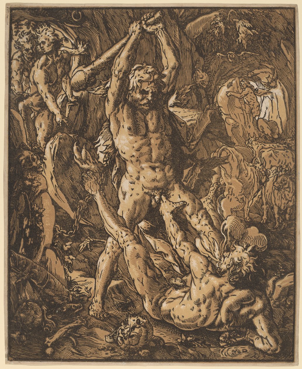 Hercules dræber Cacus af Hendrik Goltzius