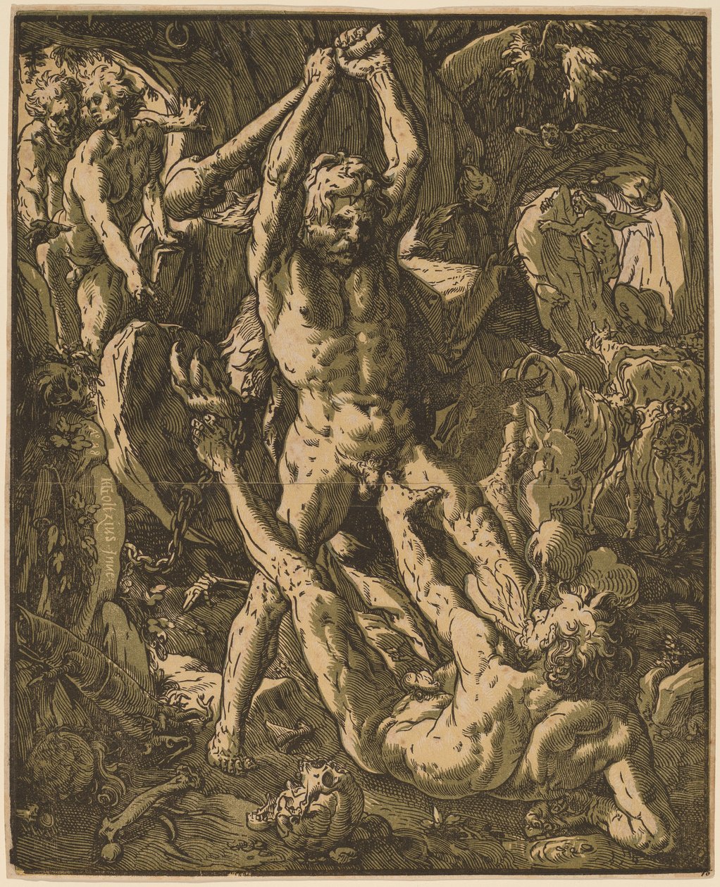 Hercules dræber Cacus af Hendrik Goltzius