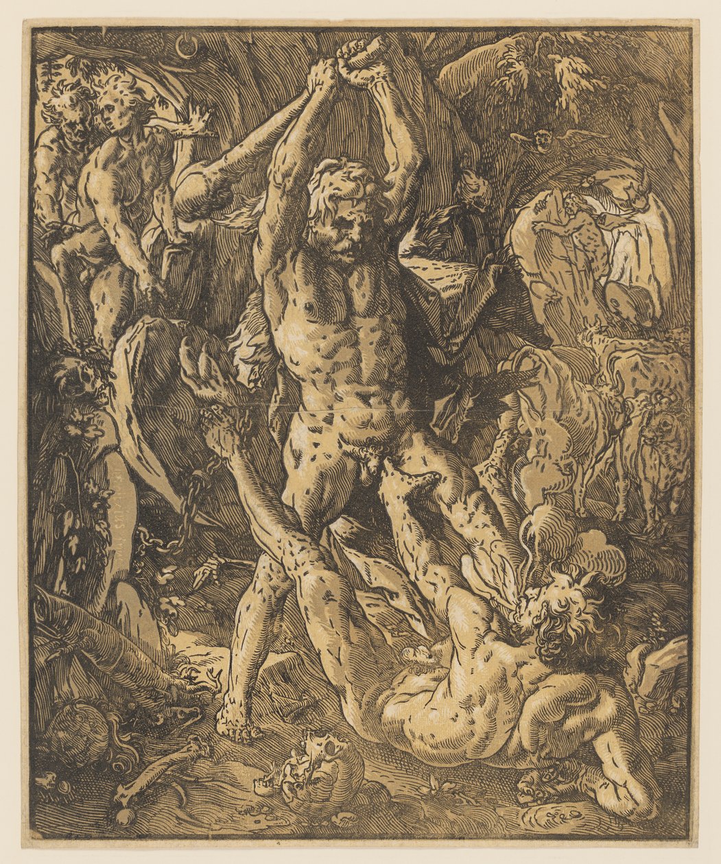 Hercules dræber Cacus af Hendrik Goltzius