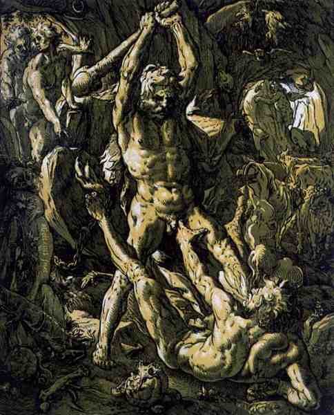 Hercules dræber Cacus af Hendrik Goltzius