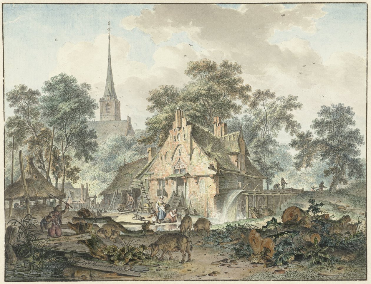 Vandmølle og landsbykirke af Hendrik Meijer