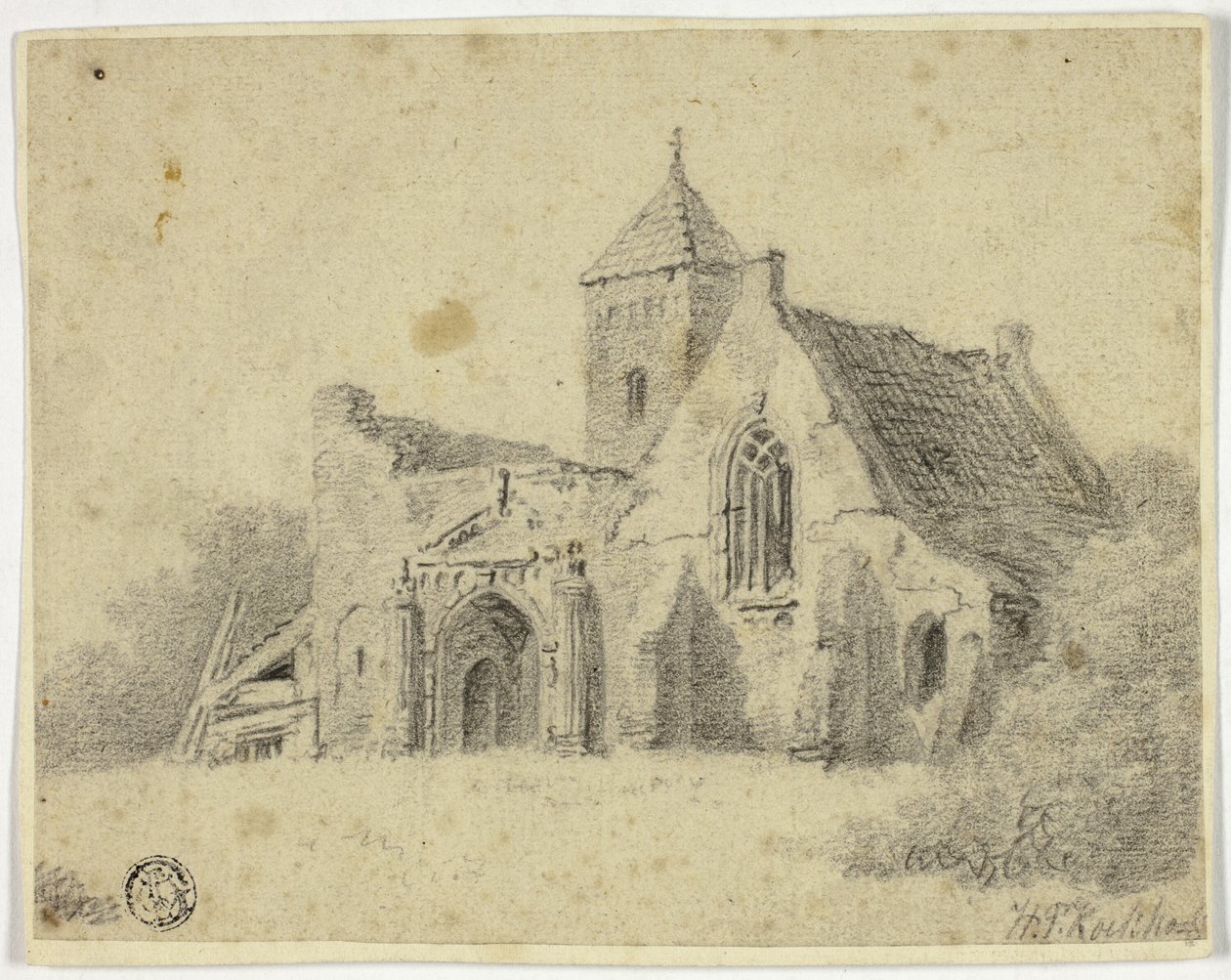 Landskirke i ruiner af Hendrik Pieter Koekkoek
