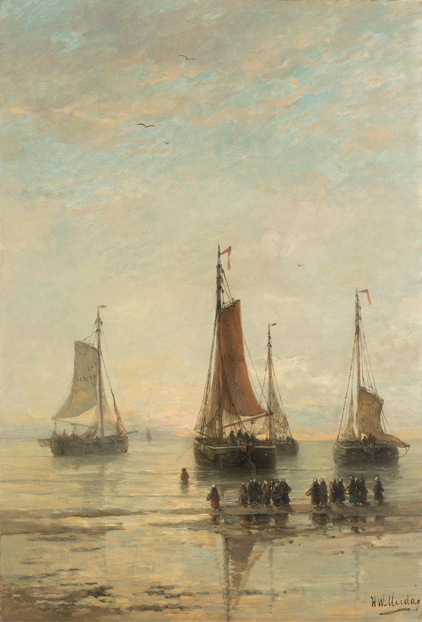 Bluff-buede Scheveningen-både for anker af Hendrik Willem Mesdag
