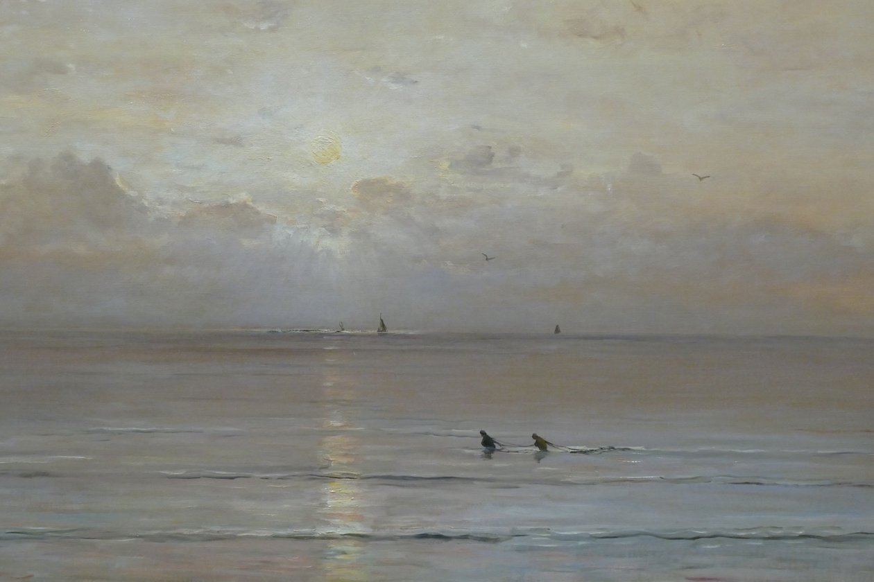 Hollandsk: Solnedgang med rejefiskere af Hendrik Willem Mesdag