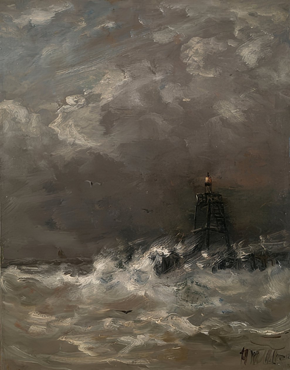 Fyrtårn i brydende bølger. Omkring 1900-07 af Hendrik Willem Mesdag