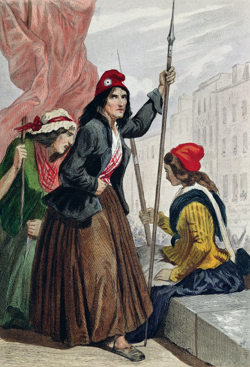The Tricoteuses of the Guillotine on the Steps of Church of Saint-Roch, 16. oktober 1793 (farvegravering) af Henri Baron