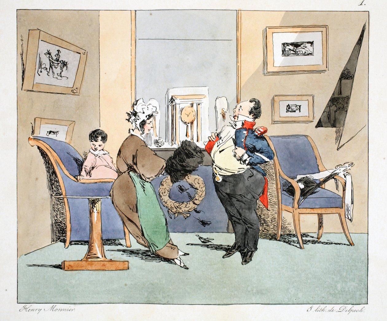 Madame Ledru, I Became Terribly Powerful, ca. 1828 (håndfarvet litho) af Henri Bonaventure Monnier