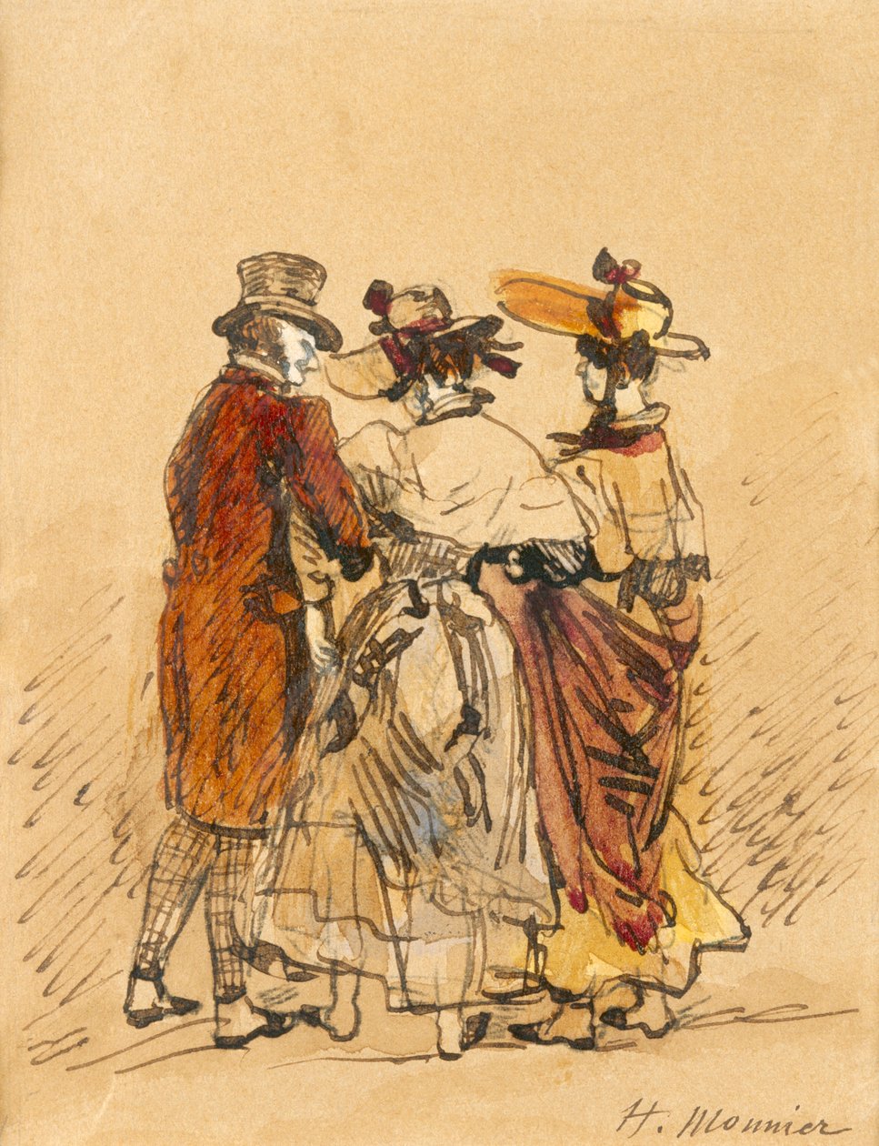 The Walk (blæk og wc på papir) af Henri Bonaventure Monnier
