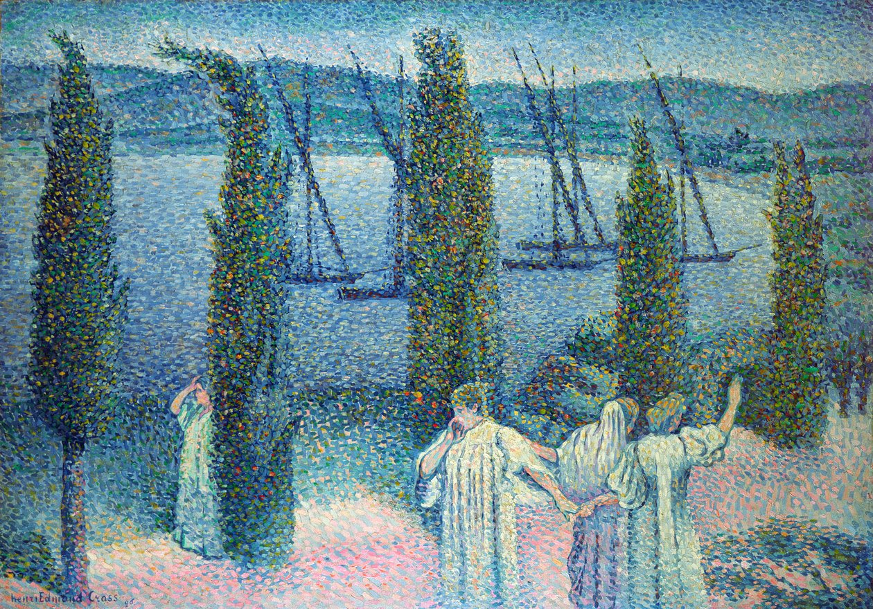 Kystudsigt med cyprestræer, 1896 af Henri Edmond Cross