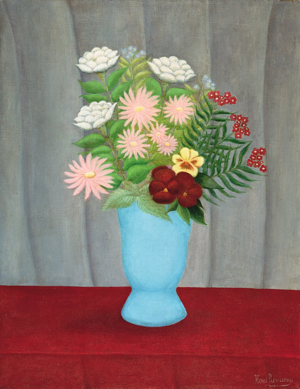 Stilleben af blomster i en blå vase af Henri Rousseau