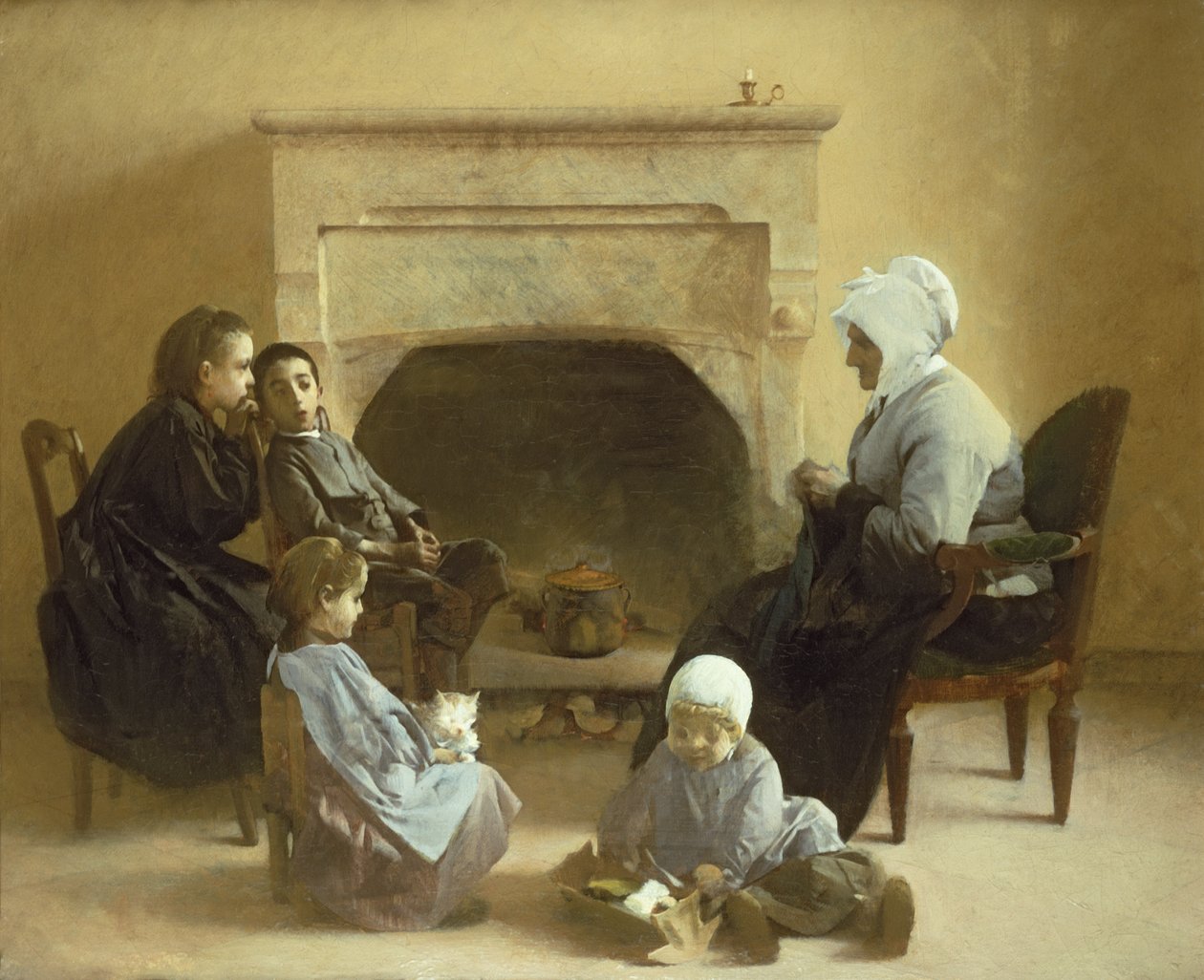 Familie siddende omkring et ildsted af Henri Jules Jean Geoffroy