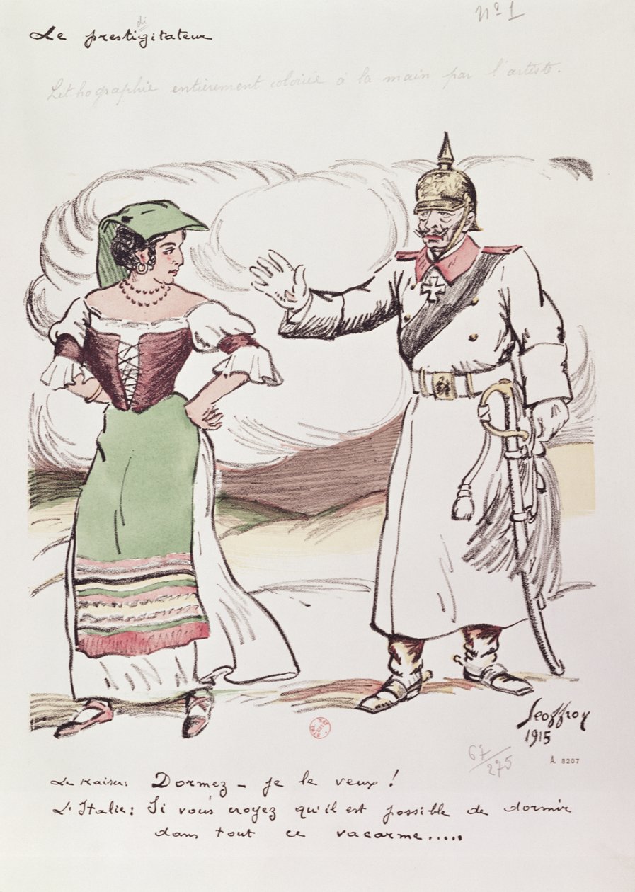 Kaiser Wilhelm II (1859-1941) forsøger at få Italien til at sove for at forhindre hende i at komme ind i Første Verdenskrig, 1915 af Henri Jules Jean Geoffroy