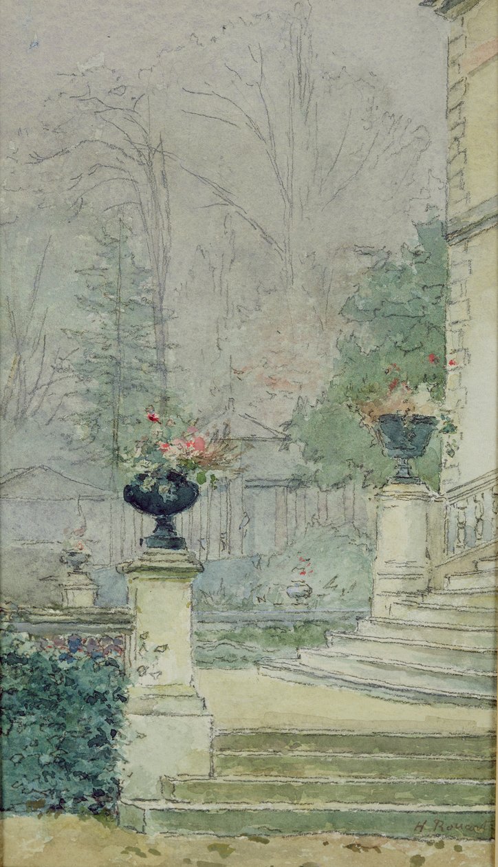 The Steps of Les Fourneaux at Melun (blyant og wc på papir) af Henri Rouart