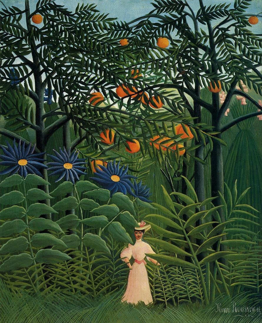 Kvinde, der går gennem en eksotisk skov af Henri Rousseau