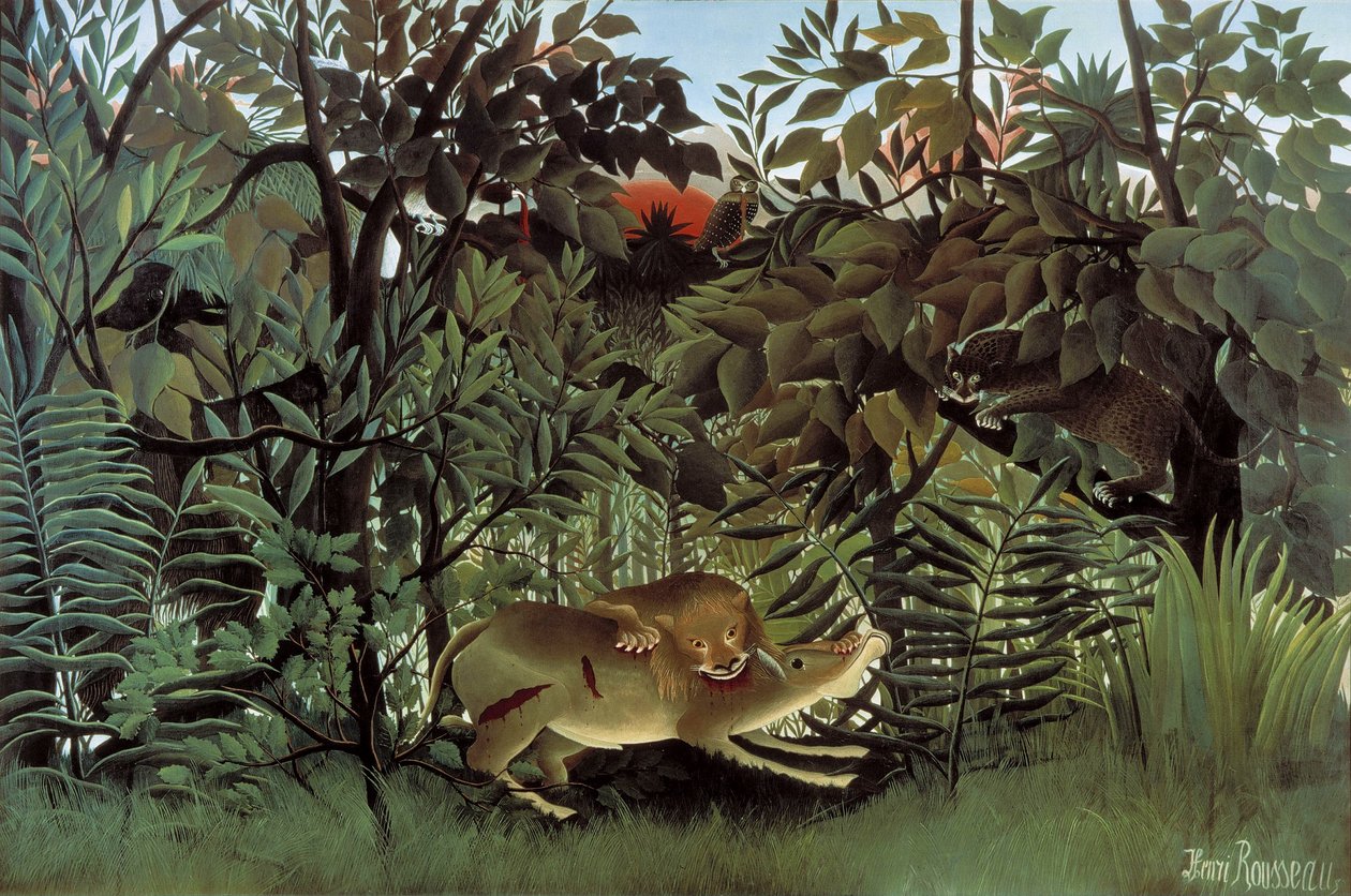 Den sultne løve angriber en antilope af Henri Rousseau