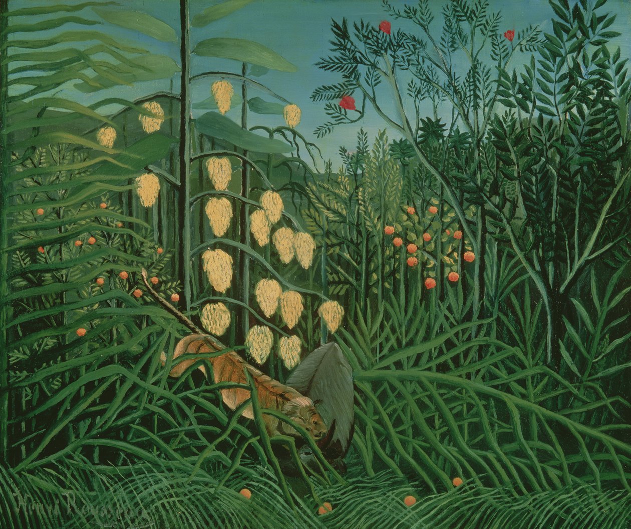Tropisk skov: Kampen mod tigre og bøfler, 1908 af Henri Rousseau
