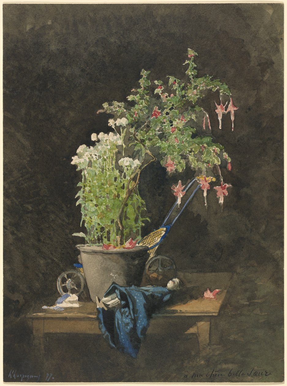 En Fuchsia i potte med børnelegetøj af Henri Joseph Harpignies