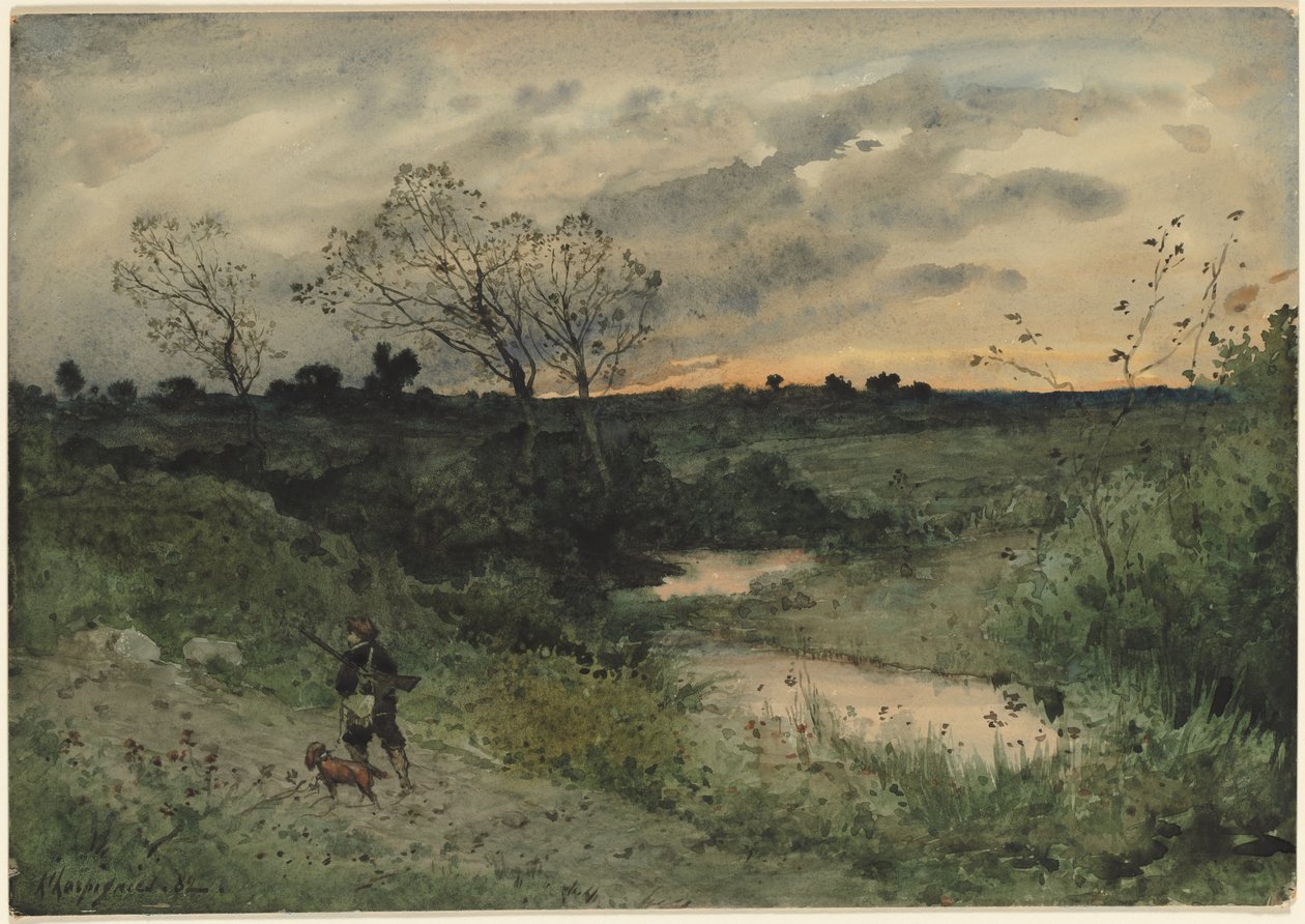 Dawn - Hunter with Dog, 1882. af Henri Joseph Harpignies