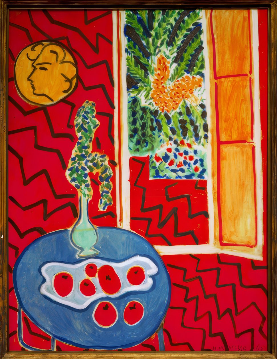 Rødt interiør, stilleben på blåt bord af Henri Matisse