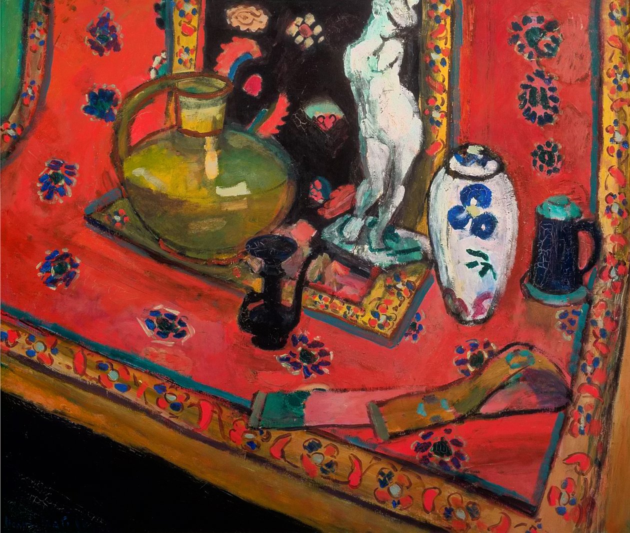 Statuette og vaser på et orientalsk tæppe af Henri Matisse