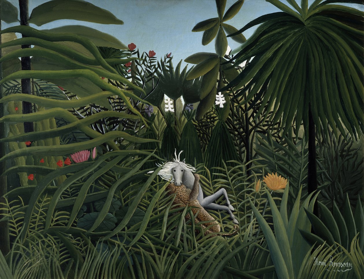 Jaguar angriber en hest, 1910 af Henri Rousseau