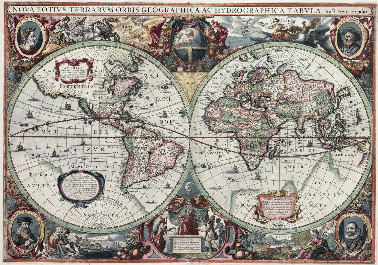 Nyt verdenskort og hydrografisk kort af Henricus Hondius II