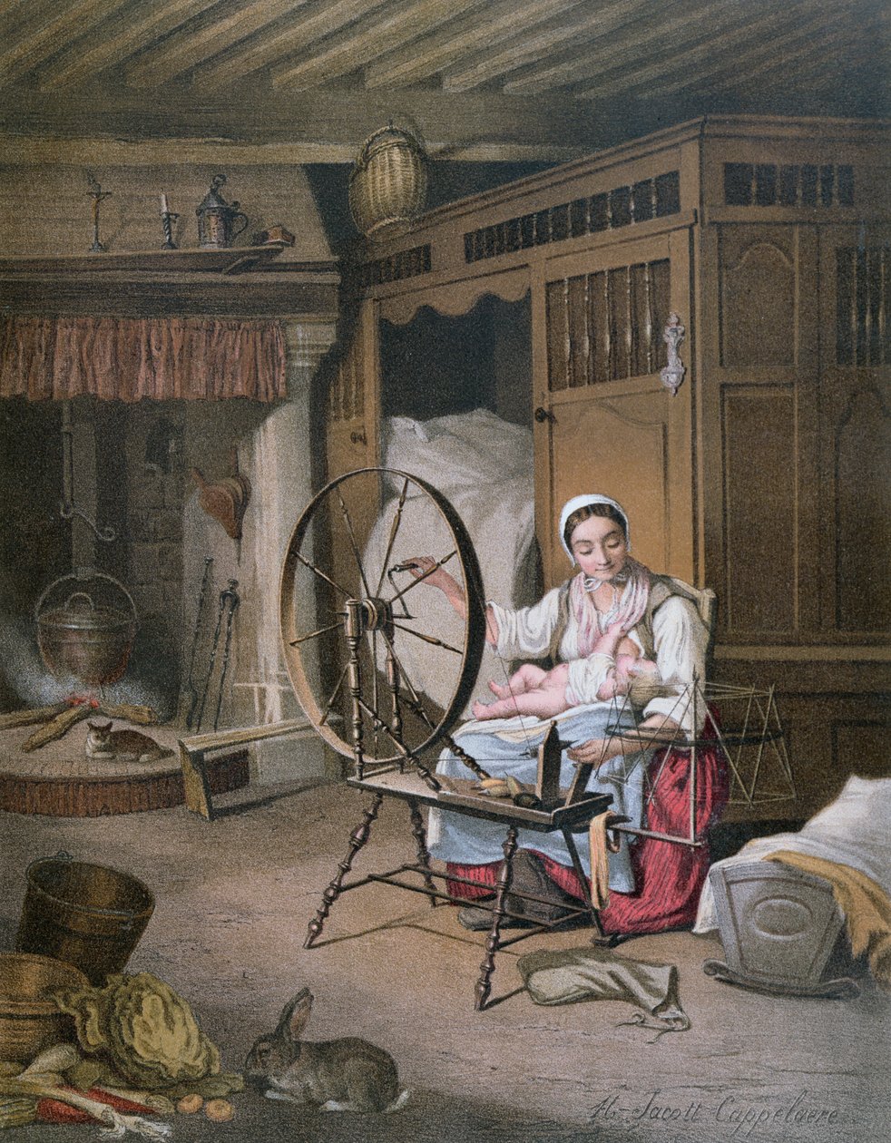 Interiør af et bretonsk hjem, slutningen af det 19. århundrede (farvegravering) af Henriette Jacott Cappellaere
