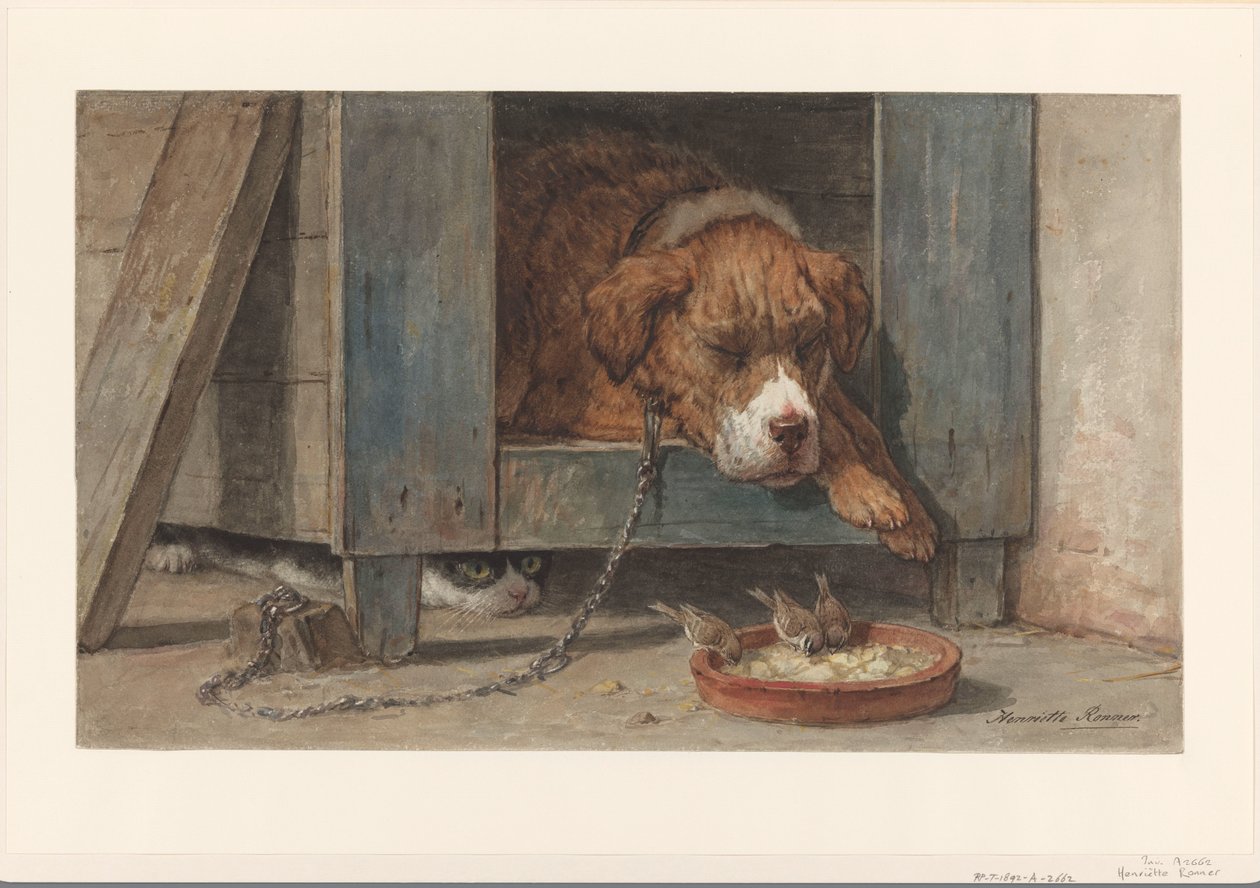 Kat, der spionerer på fugle ved en sovende hund af Henriëtte Ronner