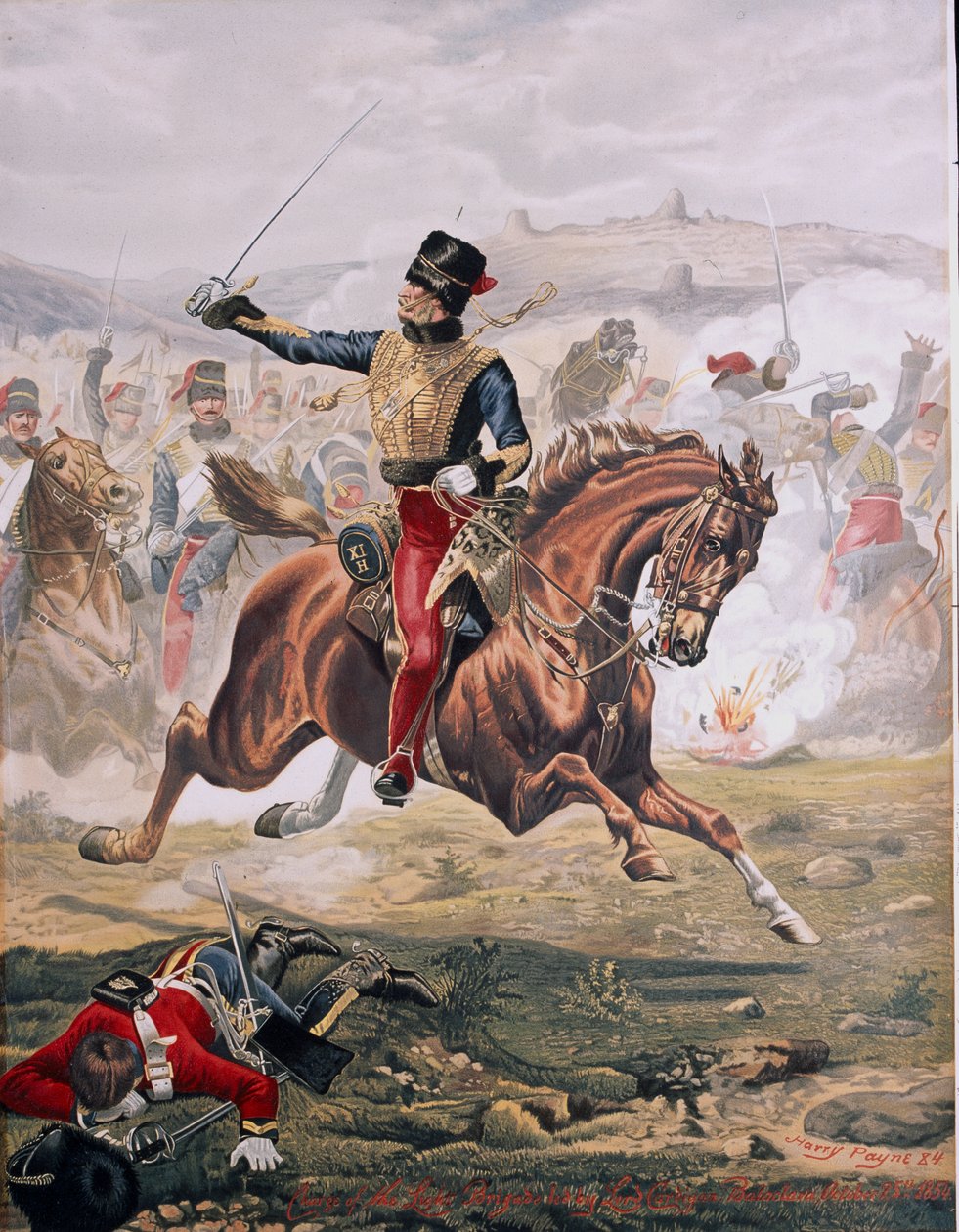 Lord Cardigan (1797-1868) leder anklagemyndigheden for den lette brigade i slaget ved Balaklava, 25. oktober 1854, 1884 (chromolitho) af Henry A. Payne