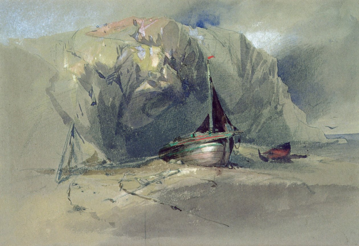 Et fiskesmag og en lille båd tegnet på kysten under en klippeklippe, 1800-tallet af Henry Bright