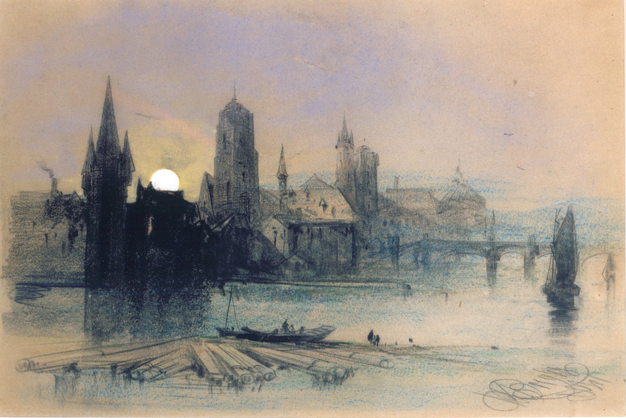 Brugge af Moonlight (pastel på papir) af Henry Bright