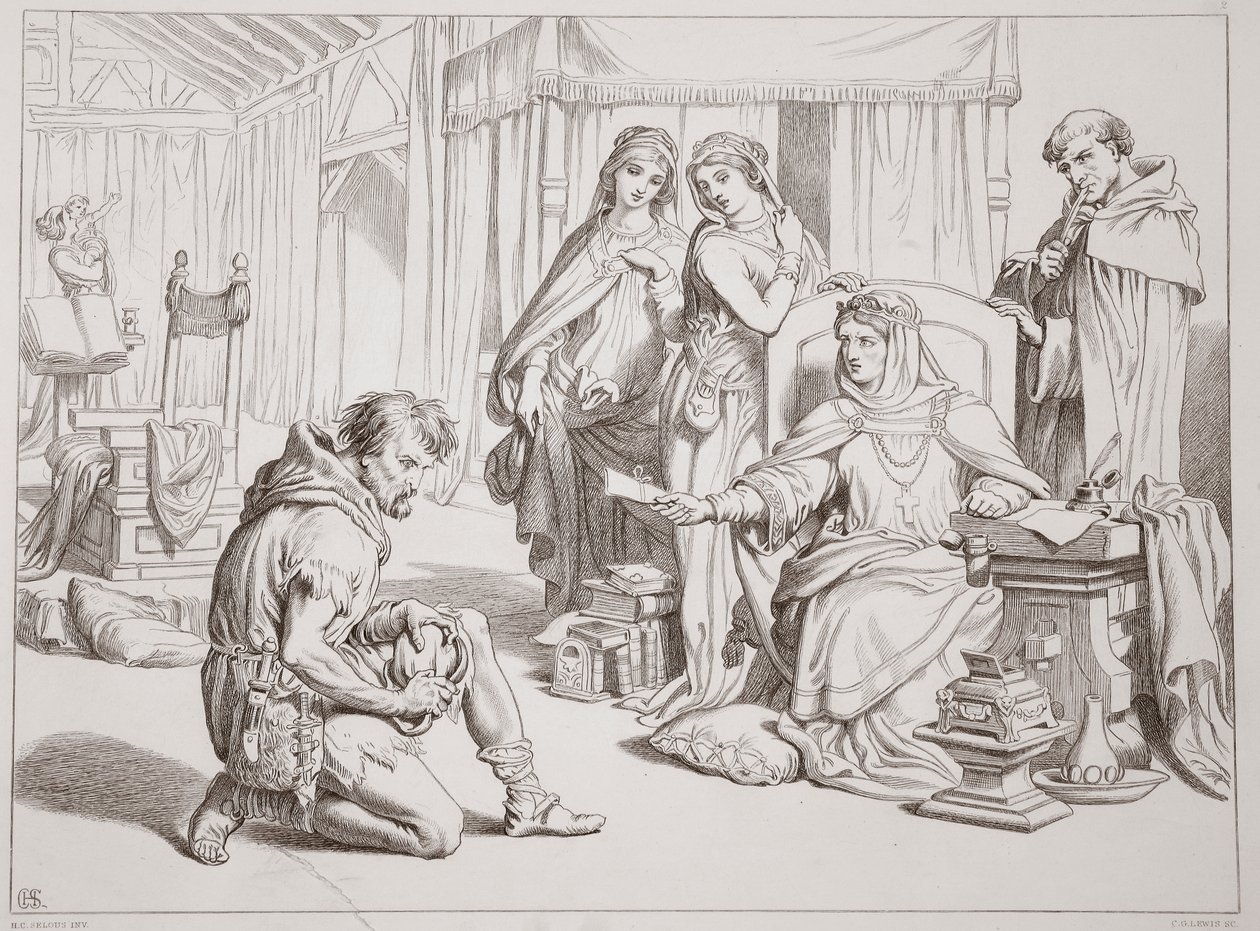 Martin Lightfoot påtager sig at være bærer af brevet til Earl Leofric, illustration fra Hereward the Great af Charles Kingsley, pub. 1870, graveret af C.G. Lewis (stålpladegravering) af Henry Courtney Selous