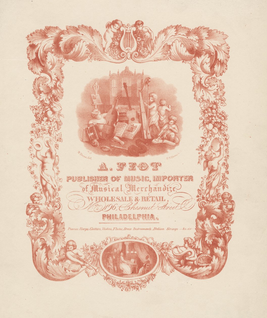 A. Fiot, udgiver af musik, importør af musikalske varer. Wholesale und Retail, No. 196 Chestnut Street Philadelphia, 1850 af Henry Dacre